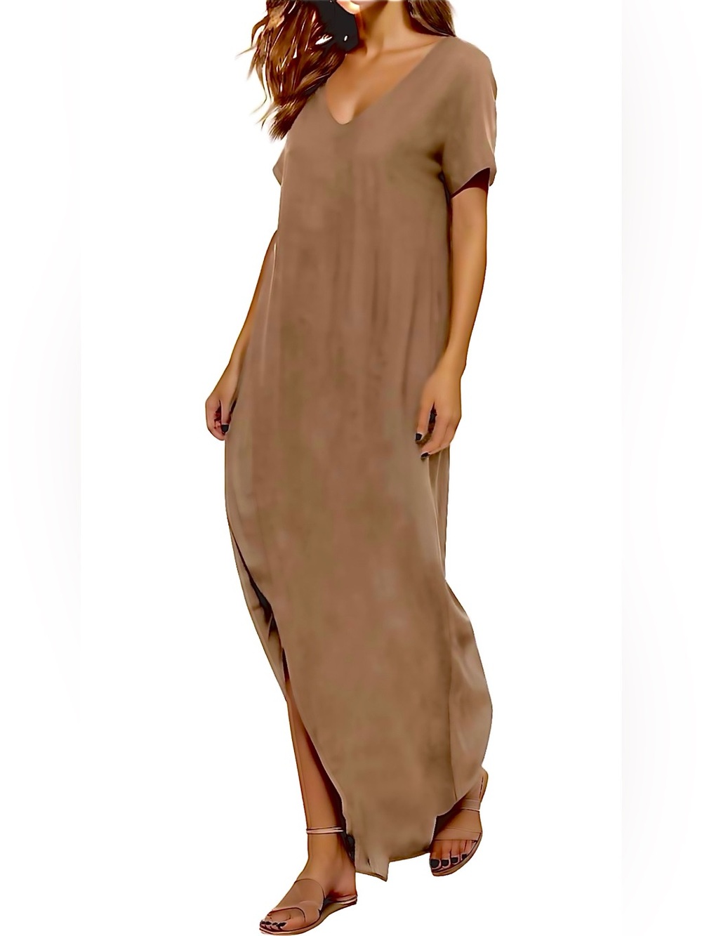 MATCH v-neck casual loose short sleeve split hem maxi dress w/ side pockets